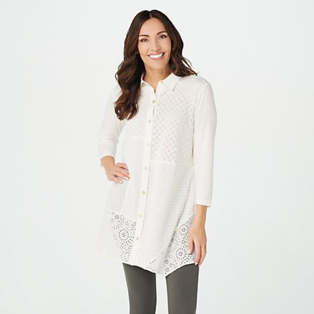 LOGO Lori Goldstein Mixed Media 3/4 Sleeve Cotton Tunic